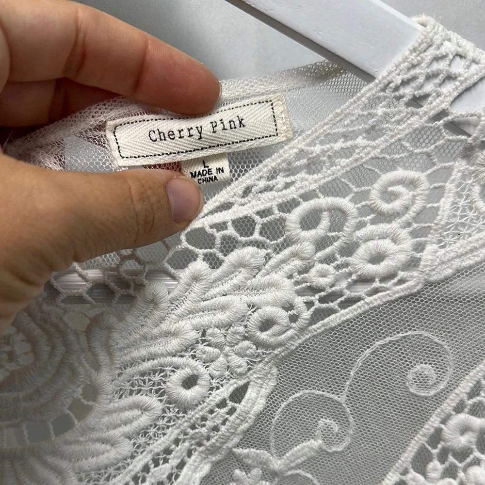 Cherry Pink Cream Lace Embroidered Pancho Style Sheer Blouse - Picture 2 of 8